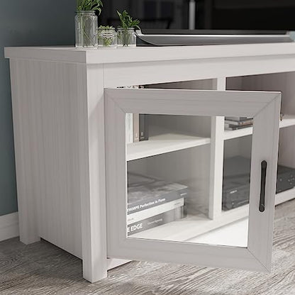 Sheffield Engineered Wood TV Stand for 80" TVs, Media Console/TV Cabinet with 3 Adjustable Shelves and Glass Doors, White Wash Finish