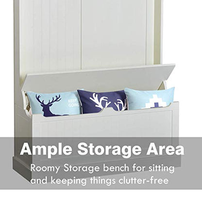 Hall Tree with Bench and Shoe Storage 3-in-1 Coat Rack Cream White, view 7