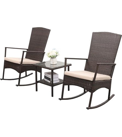 Outdoor HDPE Wicker Rocking Chair 3-Piece Patio Rattan Bistro Set 2 Rocker Armchair and Glass Coffee Side Table Furniture Washable Lacing Cushions, Khaki