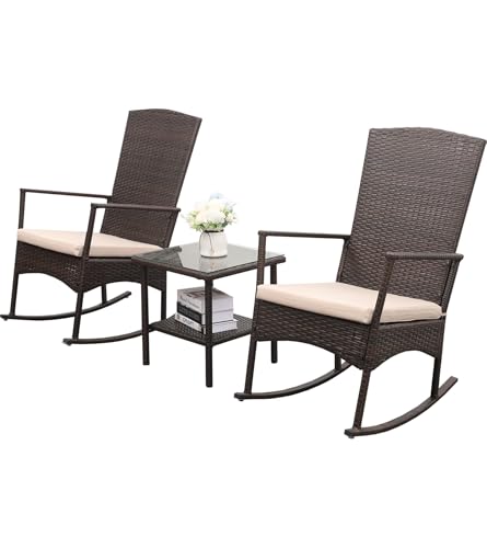 Outdoor HDPE Wicker Rocking Chair 3-Piece Patio Rattan Bistro Set 2 Rocker Armchair and Glass Coffee Side Table Furniture Washable Lacing Cushions, Khaki