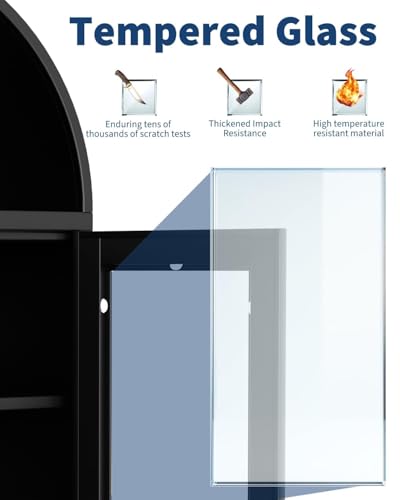 Tall Arched Storage Cabinet 73", Black Metal Curio Cabinet with Glass Door, 2 Drawers and 2 Adjustable Shelves, Modern Freestanding Display Cabinet for Living Room, Dining Room, Entryway, Home Office
