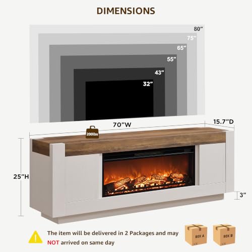 70" Fireplace TV Stand for 80" TV, 36" Electric Fireplace,Antique White, view 3