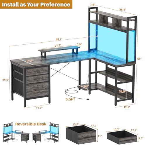 L Shaped Desk with Hutch, Gaming Desk with Led Lights, Reversible Computer Desk with Power Outlet, Corner Desk with File Drawer & Monitor Stand, Storage Shelves for Home Office, Black Oak
