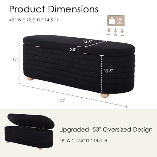 53" Storage Bench Teddy Ottoman Bench Upholstered Fabric Bench End of Bed Stool with Safety Hinge for Bedroom, Living Room, Entryway, Black