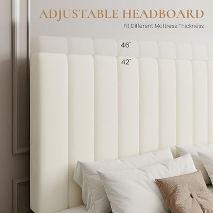 Queen Platform Bed Frame with 4 Storage Drawers, Vertical Channel Tufted Adjustable Headboard, Velvet Upholstered, Wooden Slats Support, No Box Spring Needed, Easy Assembly, Cream