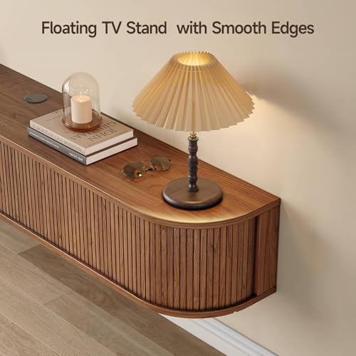71" Floating TV Stand with Power Outlet for TVs up to 80", Walnut, view 7