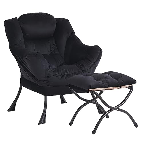 Lazy Chair and Ottoman, Black Velvet Large Accent Chair with a Side Pocket, Modern Leisure Upholstered Sofa Reading Armchair with Footrest for Office, Bedroom, Living Room, Dorm Rooms, Balcony