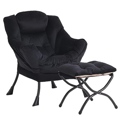 Lazy Chair and Ottoman, Black Velvet Large Accent Chair with a Side Pocket, Modern Leisure Upholstered Sofa Reading Armchair with Footrest for Office, Bedroom, Living Room, Dorm Rooms, Balcony