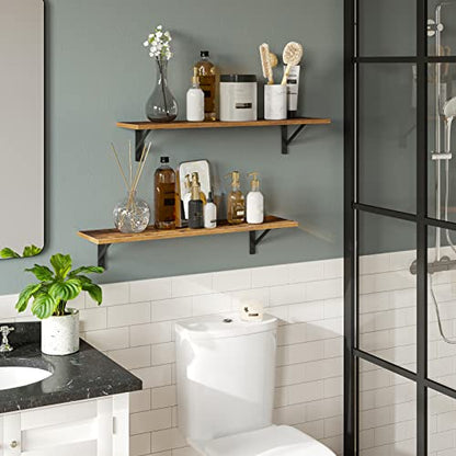 Wall Shelves, 23.6 x 7.9 x 6.1 Inch Floating Shelves for Wall, Easy-to-Install Wall Storage Ledges with Sturdy Metal Brackets for Living Room, Bathroom, Kitchen, Rustic Brown