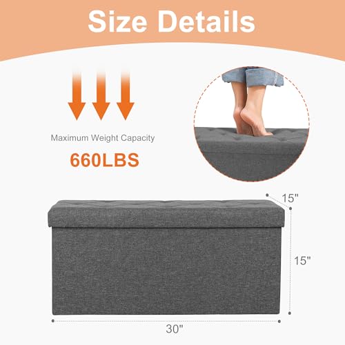 30 Inch Folding Storage Ottoman Bench, Large Hidden Storage Chest with Padded Seat, Foot Rest Stool Supports Up to 660Lbs, End of Bed Bench for Bedroom, Living Room, Linen Fabric, Grey