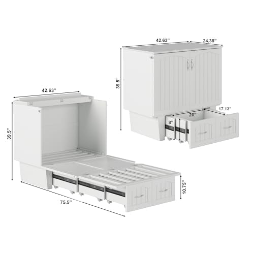 Sydney Twin Wood Murphy Bed Chest with 6" Mattress, Storage Drawer & Built-in USB Charger, White