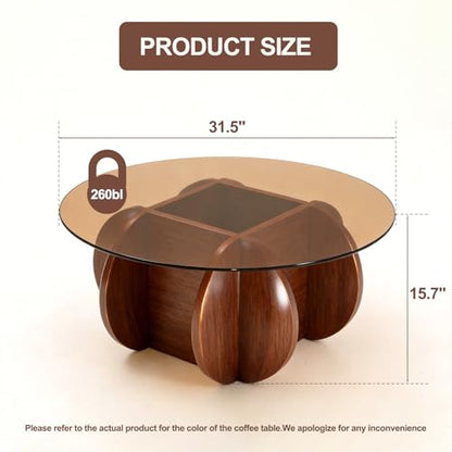 Modern Round Coffee Table with Solid Wood Legs,31.5'' Glass Coffee Tables for Living Room Rustic Circle Center Cocktail Table with Tempered Glass-Top,for Small Spaces, Unique | Modern