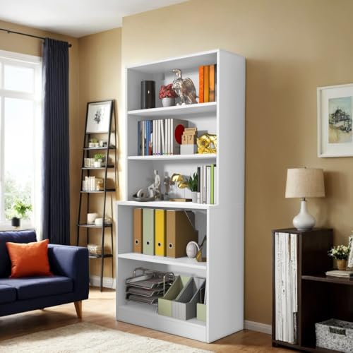 71" Tall Book Shelf, 5 Tier Large Bookshelf, Standing Wood Display Shelf for Living Room, Office, 31.5" W x 70.87" H x 15.7" D, White