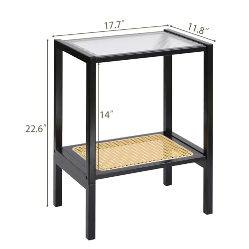 2-Tier Bamboo Side Table, Modern Glasstop Rattan Side Table, Mid Century Wood Sofa-Side End Tables for Living Room, Bedroom Night Stand with Storage, Small Narrow Coffee Tables, Black