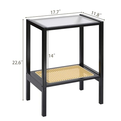 2-Tier Bamboo Side Table, Modern Glasstop Rattan Side Table, Mid Century Wood Sofa-Side End Tables for Living Room, Bedroom Night Stand with Storage, Small Narrow Coffee Tables, Black