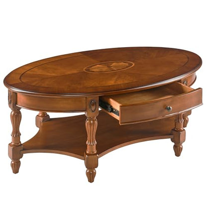 Traditional Wood Oval Coffee Table with Drawer, Beewax Tone | 2-Tier Living Room Cocktail Table with Storage Shelf, Wooden Center Table with Carvings Legs, 44.9"Wx29.9"Dx18.2"H Tea Table