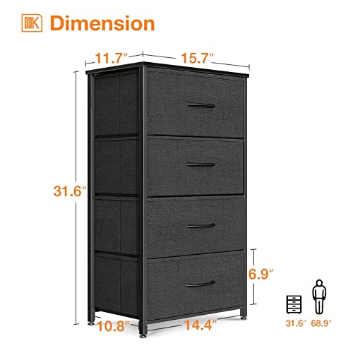 Dresser for Bedroom with 4 Storage Drawers, Small Dresser Chest of Fabric Drawers with Sturdy Steel Frame for Small Space, Wood Top, Black