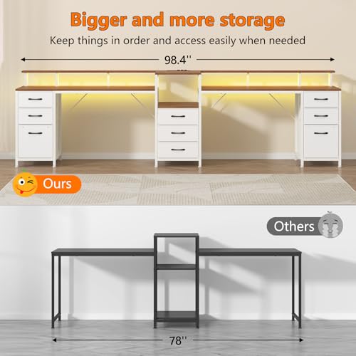 98.4" Long Computer Desk with 9 Drawers, 2 Person Gaming Desk with LED Lights & Power Outlet, Two Person Home Office Desk with Storage, Printer Shelf ＆ Monitor Stand, Brown and White