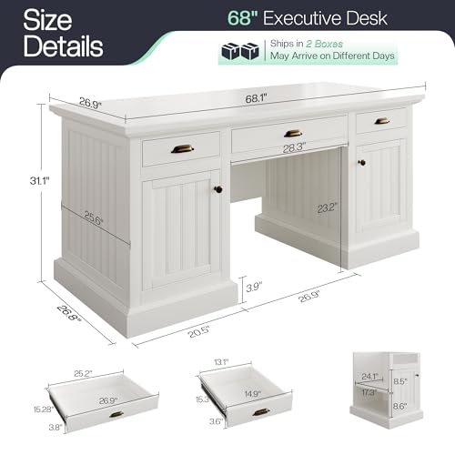 68" Executive Desk for Home Office & Study, Pure White, view 3