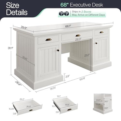 68" Executive Desk for Home Office & Study, Pure White, view 3