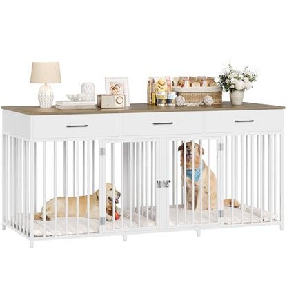 Double Dog Crate, 71"W Indoor Dog Kennel Furniture for 2 Dog, White, view 2
