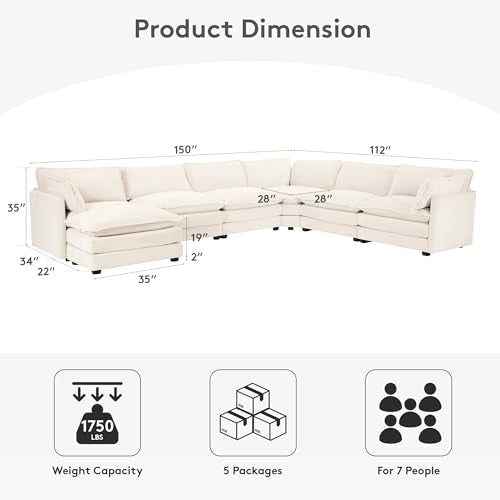 ROWHY 150'' Modular Sectional Cloud Couch, 7 Seater Corner Sofa Big Comfy Corduroy V Shaped Couch with 4 Throw Pillows, Convertible Chaise, Ottoman, Couches for Living Room Office Beige