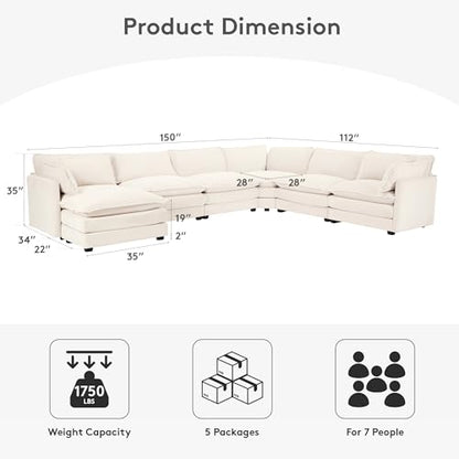 ROWHY 150'' Modular Sectional Cloud Couch, 7 Seater Corner Sofa Big Comfy Corduroy V Shaped Couch with 4 Throw Pillows, Convertible Chaise, Ottoman, Couches for Living Room Office Beige
