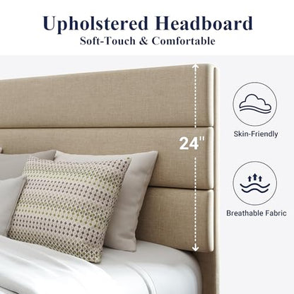 Queen Size Platform Bed Frame with Fabric Upholstered Headboard, view 5