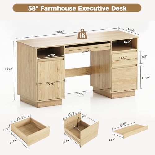 58" Modern Executive Desk with Drawers, Office Desk with File Drawer & Open Storage & Power Outlet, Keyboard Tray, Wooden Computer Desk for Home Office & Studio