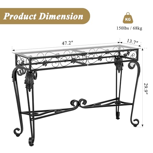 Console Table 47.2", Tempered Glass Sofa Tables, Vintage Entryway Table with Metal Frame, Console Tables for Living Room, Entrance, Foyer, Adjustable Feet (Black)