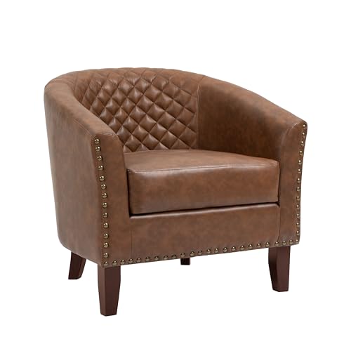 Faux Leather Barrel Accent Chairs Set of 6, Modern Club Upholstered Arm Chair, Comfy Armchair Nailed Trim Living Room Single Sofa Reading Seat Bedroom Side Sitting for Office, Brown