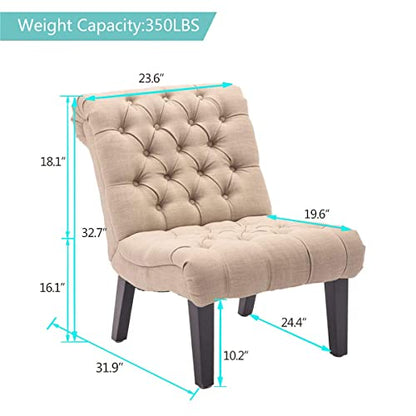 Living Room Chair Modern Accent Chair, Upholstered Tufted Armless Bedroom Chair Sofa Backrest Fabric Recliner Lounge Chair Wood Legs-Khaki