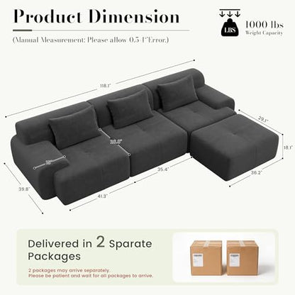 118'' Modular Sectional Oversized Boneless Couch, Tufted Cloud Sectional Couches for Living Room, L Shape Deep Seat Sofa with Ottoman & 3 Throw Pillows,Corduroy Couch,Dark Grey