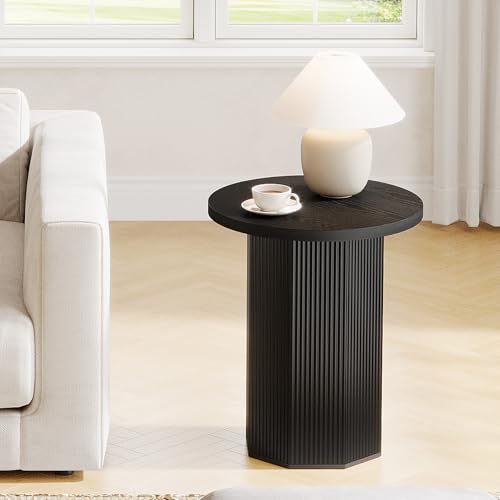 Tribesigns Round End Table, Farmhouse Pedestal Side Table, Fluted Wooden Nightstand Drink Stand for Living Room, Bedroom (1, Black)