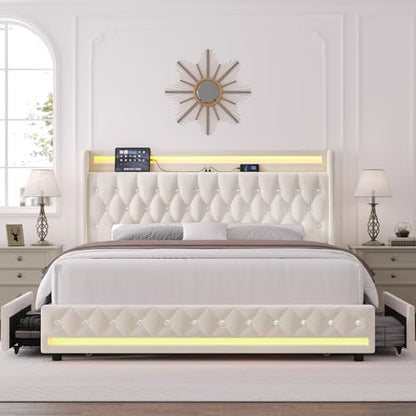 Upholstered Queen LED Bed Frame w/Storage & Charging Headboard, Beige, view 6