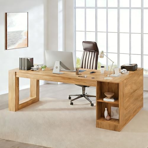 86" L Shaped Executive Desk with Drawers, Extra Large Modern Office Desk with File Cabinet, Big Computer Desk with Power Outlet for Home Office, Walnut