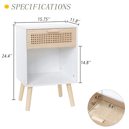 White Rattan Nightstand, Modern Nightstand with Rattan Drawer, Modern Wooden Bedside Table with Solid Wood Legs for Bedroom, and Small Spaces (White)