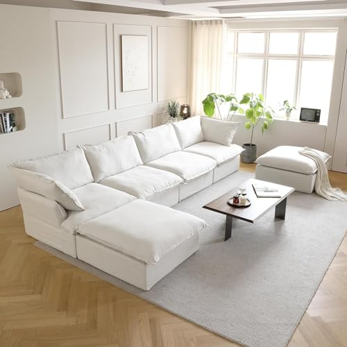 U-Shaped White Cloud Sectional Couches, Deep 6-Seats Convertible Couch, Modular Sofa with Chaise Ottomans, Sofas Furniture for Living Room Bedroom Office Apartment (White)