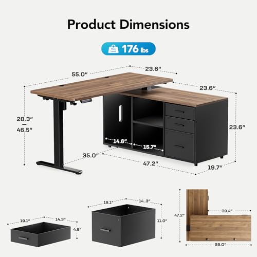 55 Inch L Shaped Standing Desk with Drawers, Electric Executive Desk with File Cabinet Sets, Adjustable Height Stand Up Desk, Home Office Computer Desk with 4 Memory Presets, Walnut