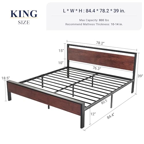 King Size Bed Frame, Heavy Duty 12 Metal Slats Support, Mahogany, view 3