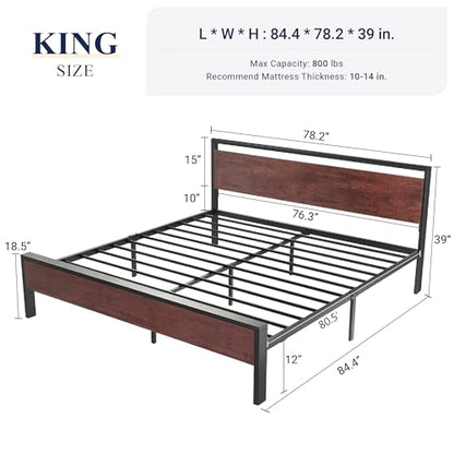 King Size Bed Frame, Heavy Duty 12 Metal Slats Support, Mahogany, view 3
