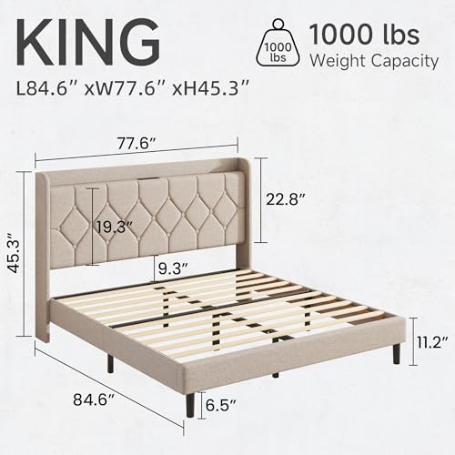 King Size Bed Frame with Diamond Tufted Linen Headboard & Storage Shelf, view 3