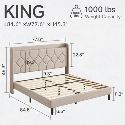 King Size Bed Frame with Diamond Tufted Linen Headboard & Storage Shelf, view 3
