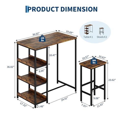 3-Piece Kitchen Table Set with Storage Shelves & 2 Bar Stools - Iron and Wood Dining Table for Small Spaces, Apartments, Condos, Rustic Brown