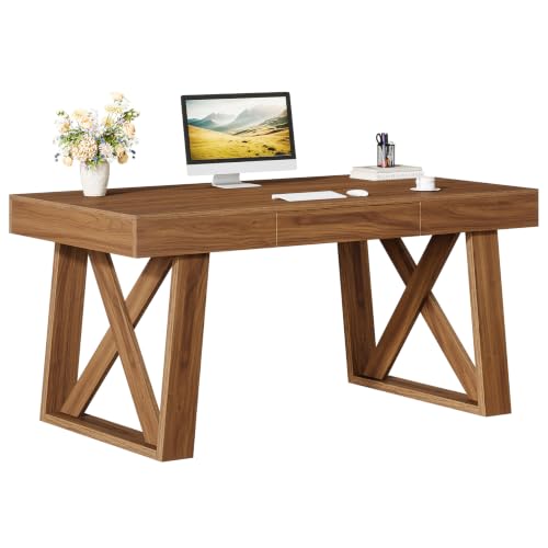 55-inch Computer Desk with Drawer, Retro Walnut Big Home Office Desk, view 2