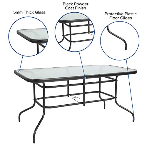 Tory 31.5" x 55" Rectangular Tempered Glass Metal Patio Table with Umbrella Hole, Modern Rippled Glass Outdoor Dining Table, Black