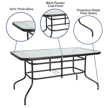 Tory 31.5" x 55" Rectangular Tempered Glass Metal Patio Table with Umbrella Hole, Modern Rippled Glass Outdoor Dining Table, Black