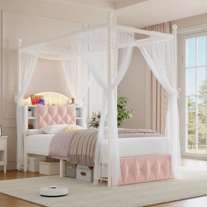 Twin Size Upholstered LED Canopy Bed Frame with 2 Drawers and & Charging Station, view 2