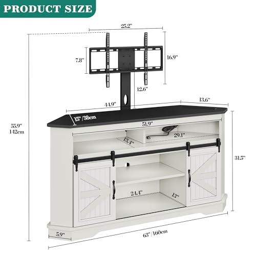 63" Corner Farmhouse TV Stand with Barn Door, Mount, White Black, view 3