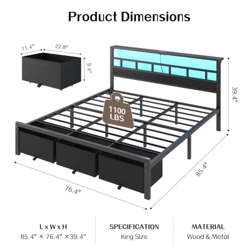 King Size Bed Frame with 3 Storage Drawers & Headboard, view 3